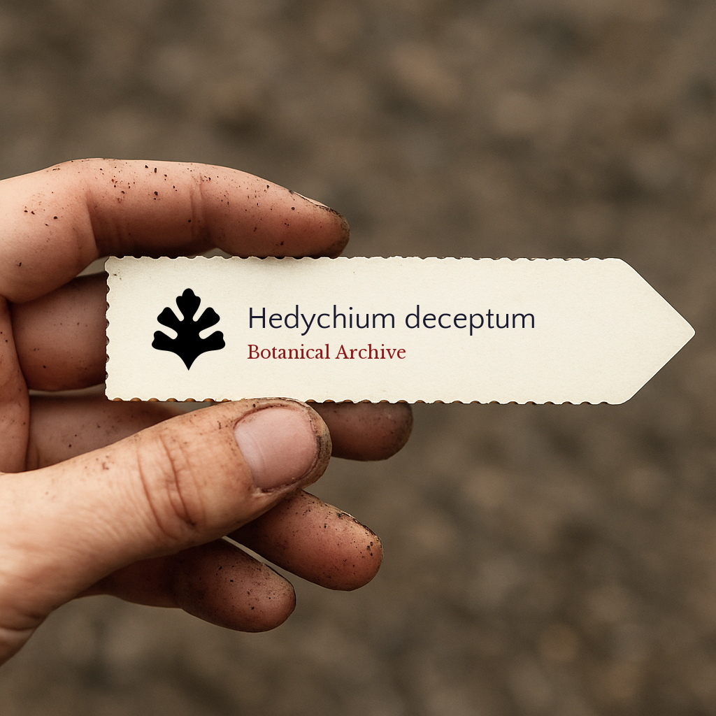 Printed plant label for Hedychium deceptum held by dirty hand over soil background