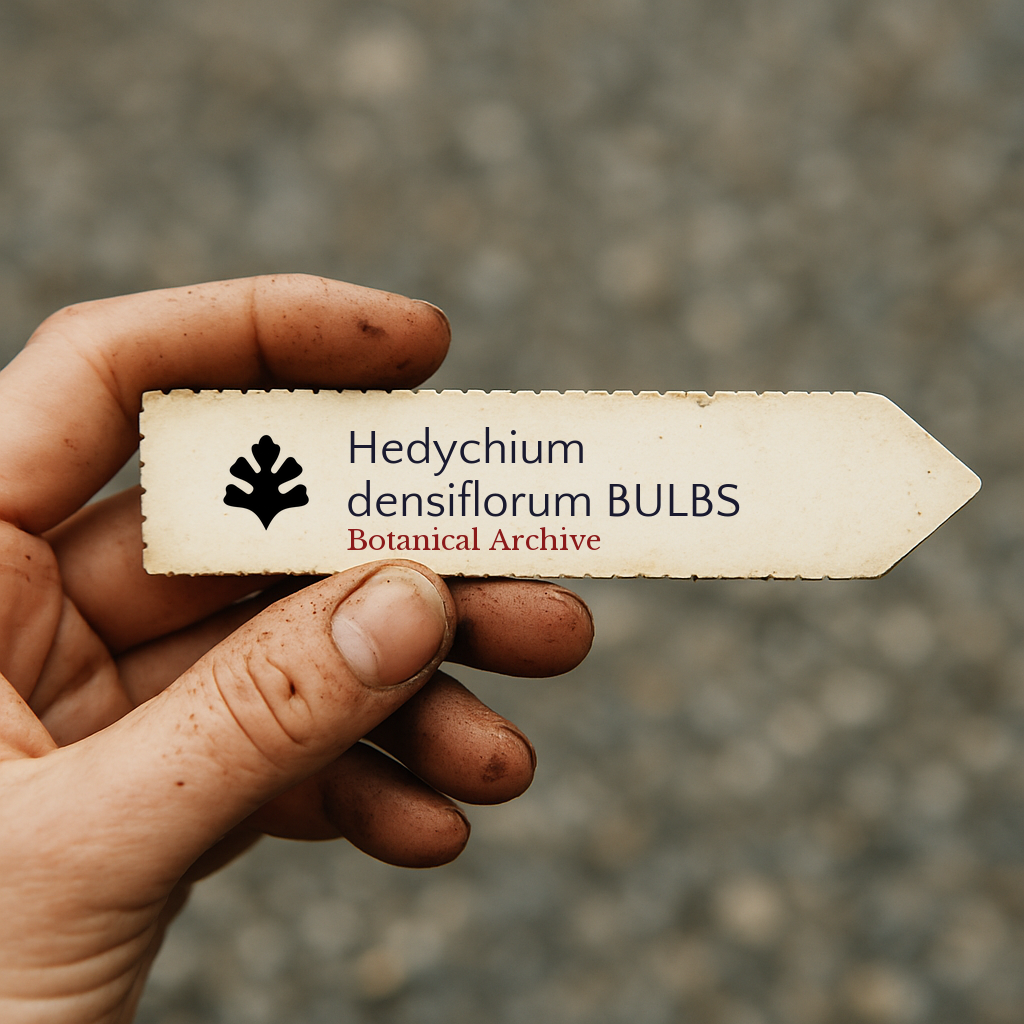 Printed plant label for Hedychium densiflorum bulbs held by dirty hand outdoors