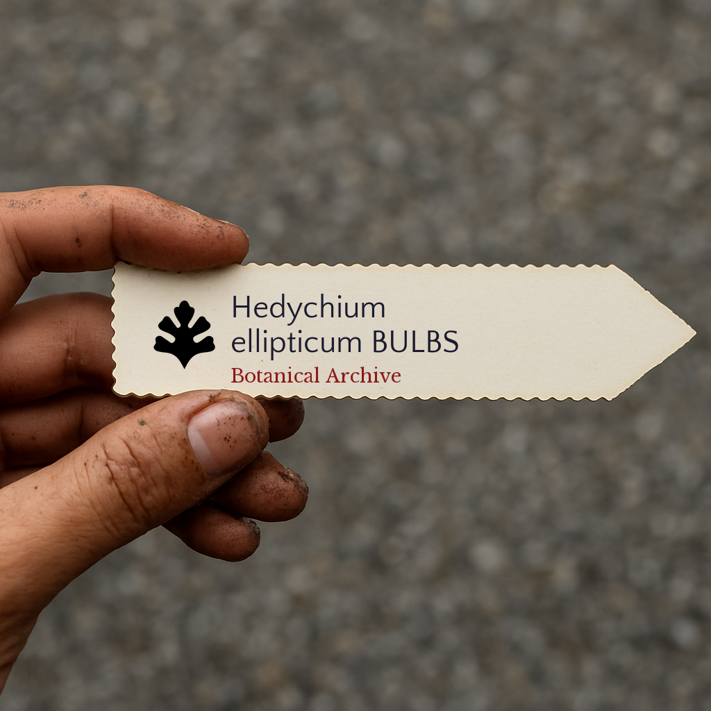 Printed plant label for Hedychium ellipticum held by dirty hand on gray background
