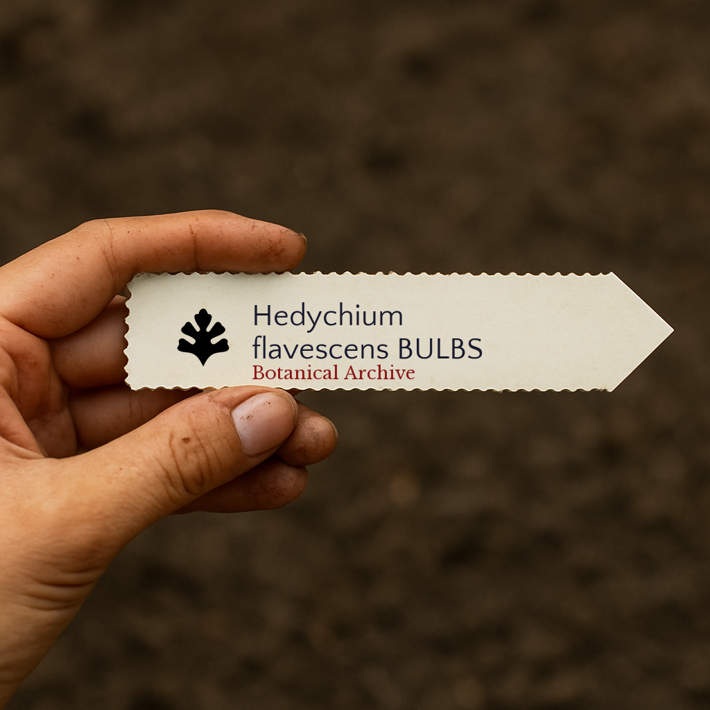 Printed plant label for Hedychium flavescens held over soil background