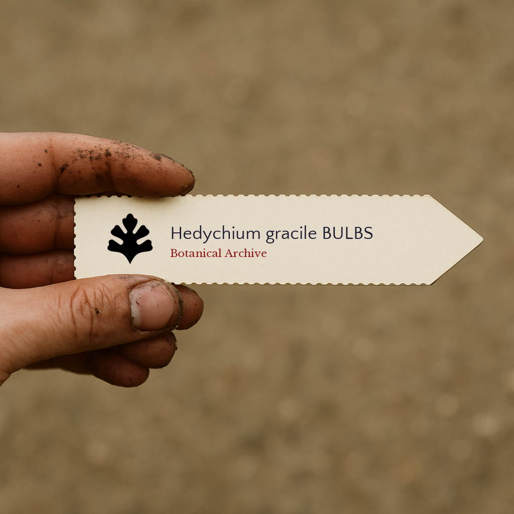 Printed plant label for Hedychium gracile held by dirty hand with blurred background