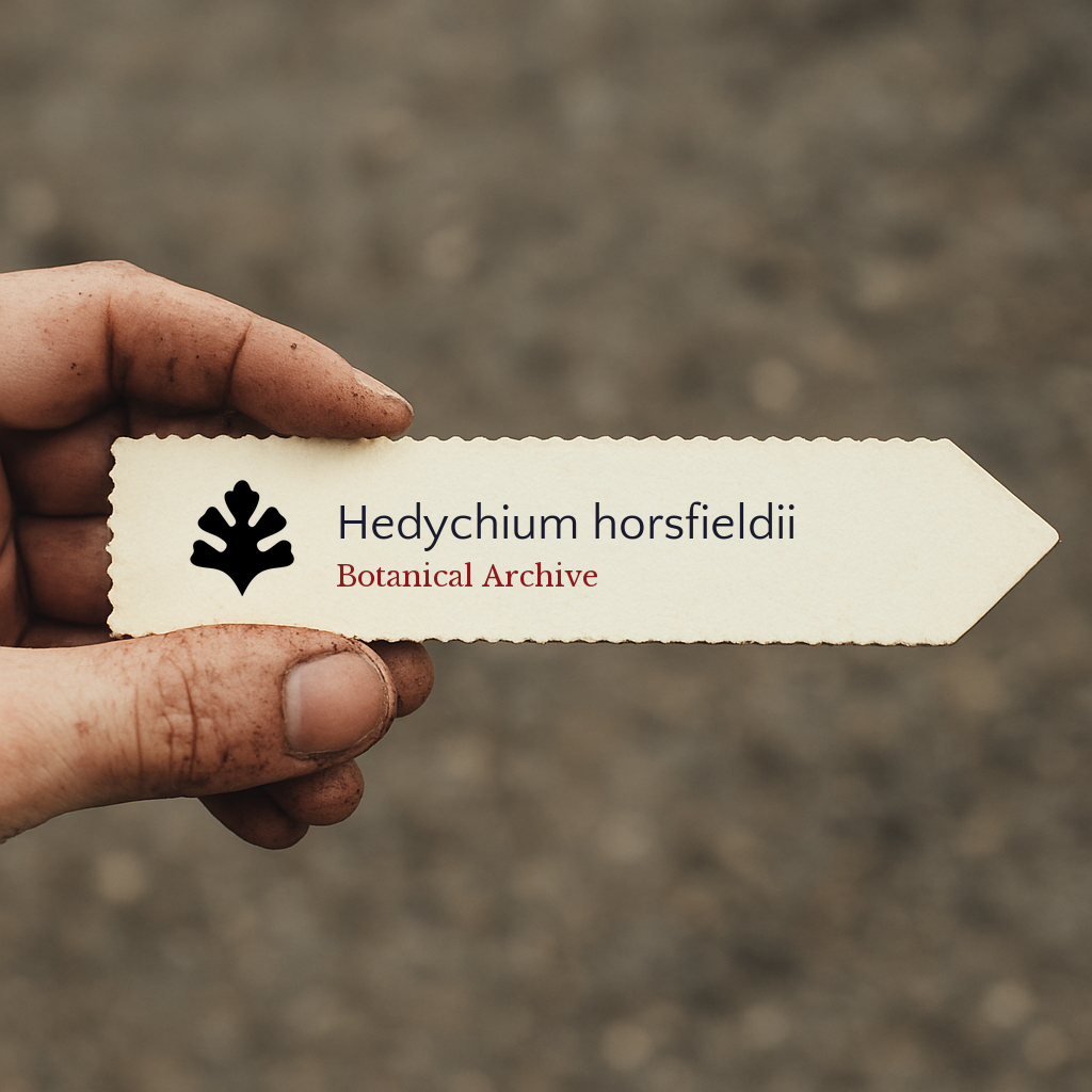 Printed plant label for Hedychium horsfieldii held by dirty hand against blurred background