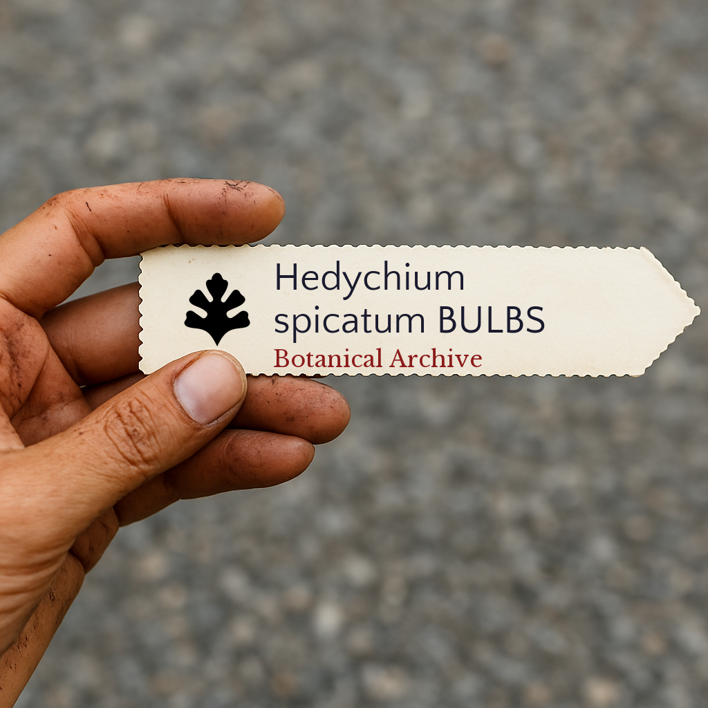 Printed plant label for Hedychium spicatum held by hand with dirt background