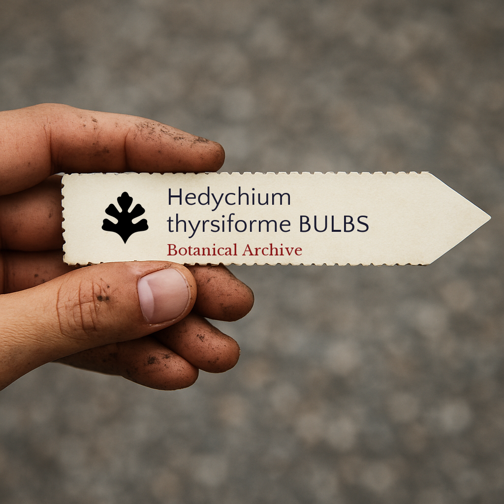 Printed plant label for Hedychium thyrsiforme held by dirty hand outdoors