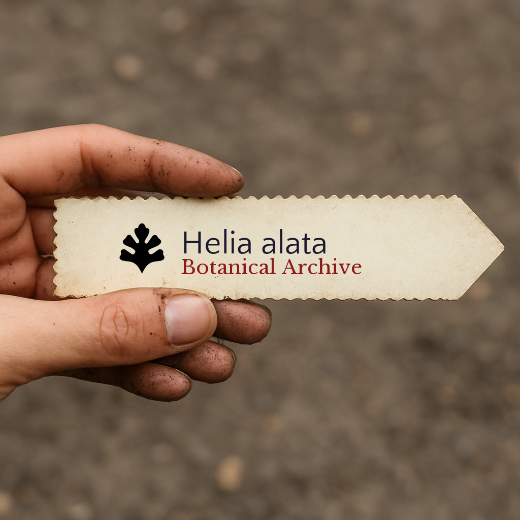 Printed plant label for Helia alata held by dirty hand against soil background