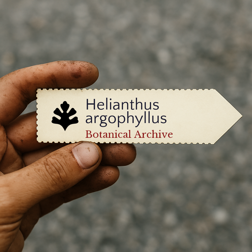 Printed plant label for Helianthus argophyllus held by dirty hand outdoors