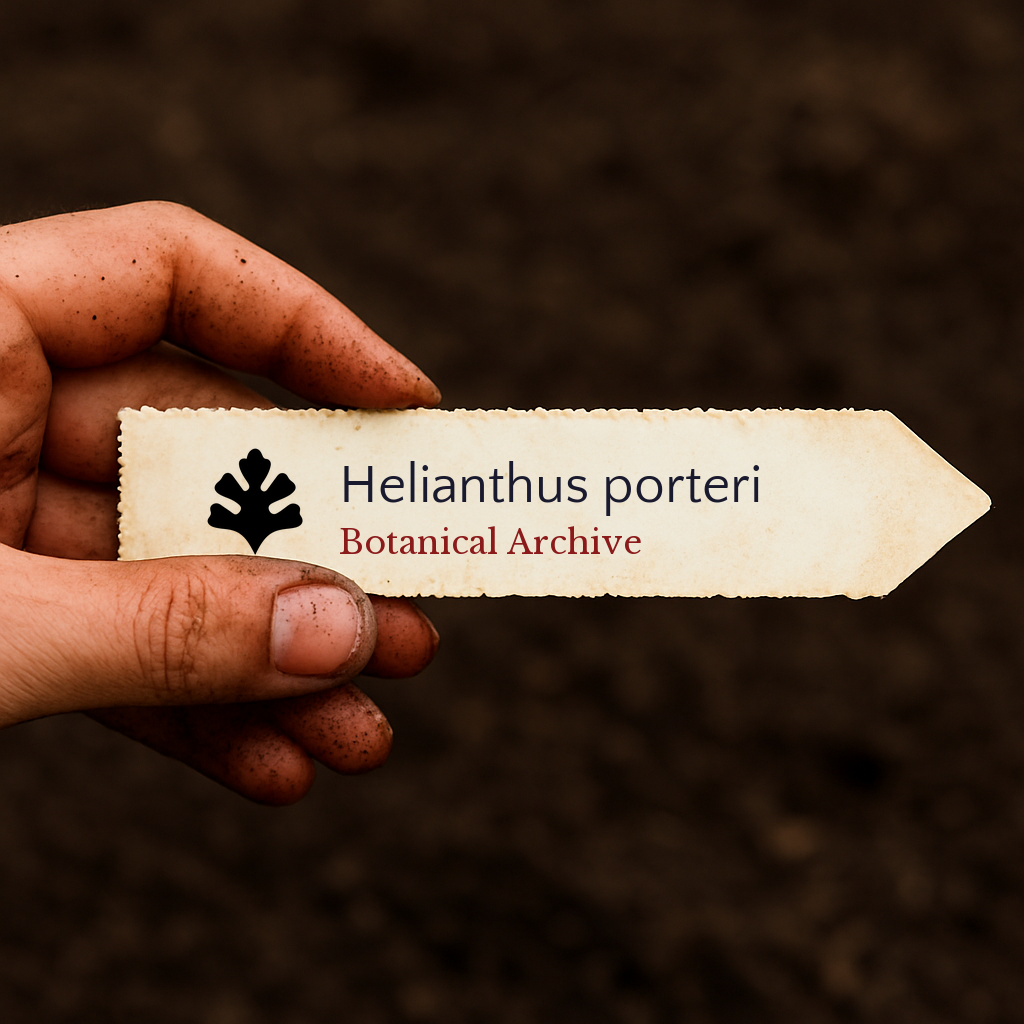 Printed plant label for Helianthus porteri held by dirty hand over soil background