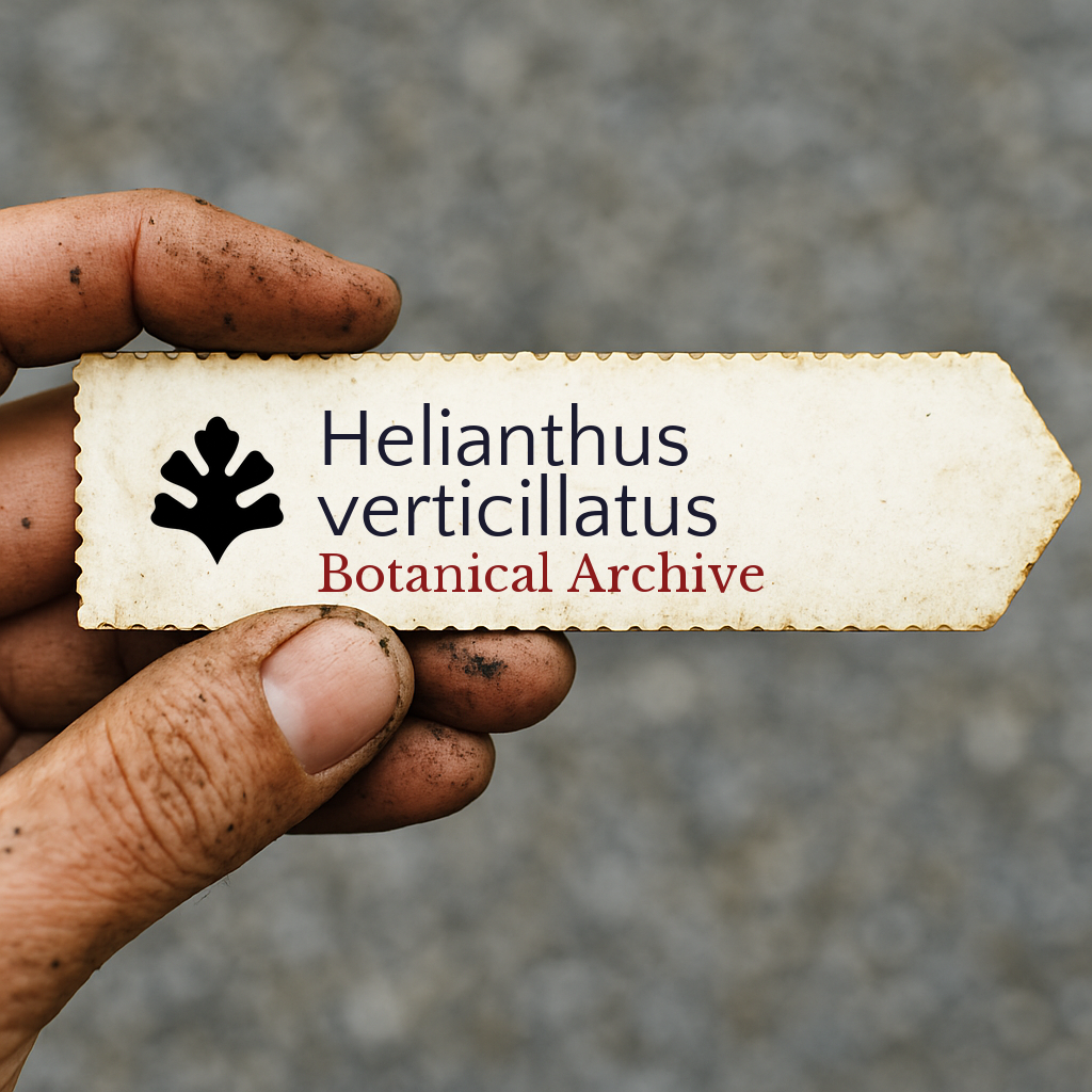 Printed botanical archive label for Helianthus verticillatus held by dirty hand