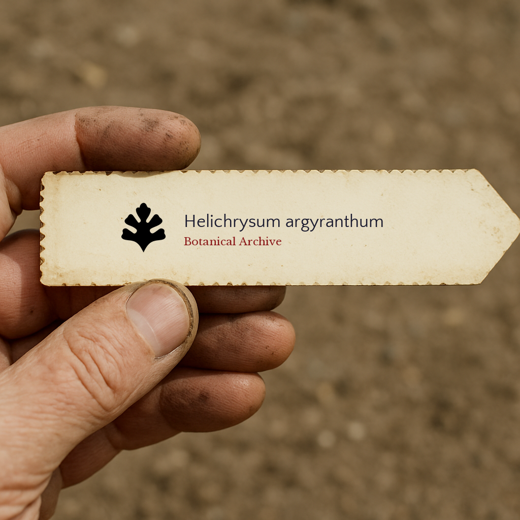 Printed plant label for Helichrysum argyranthum held by hand with soil background