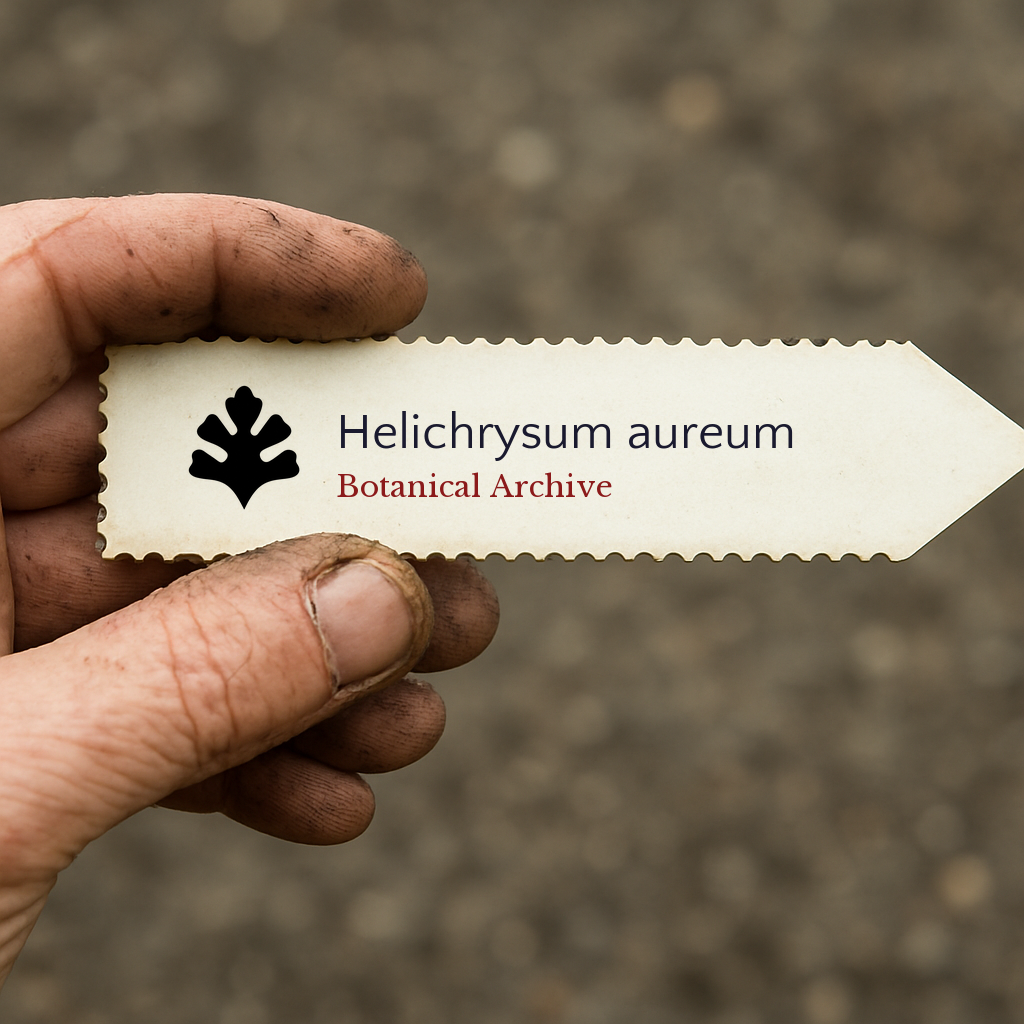 Printed plant label for Helichrysum aureum held by dirty hand outdoors
