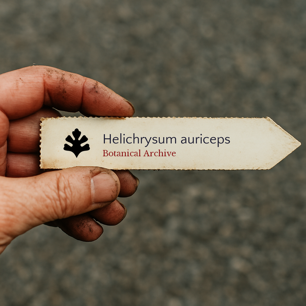 Printed plant label for Helichrysum auriceps with botanical archive logo held by hand