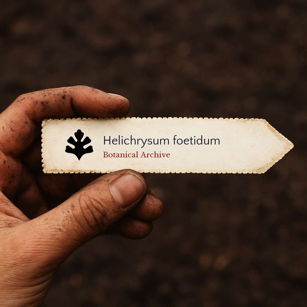 Printed plant label for Helichrysum foetidum held by dirty hand over soil background