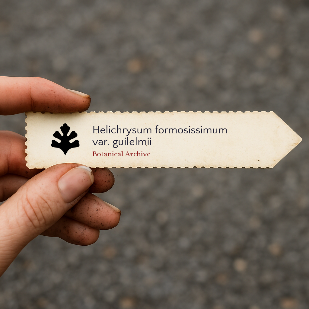 Printed plant label for Helichrysum formosissimum var. guilelmii with botanical archive logo