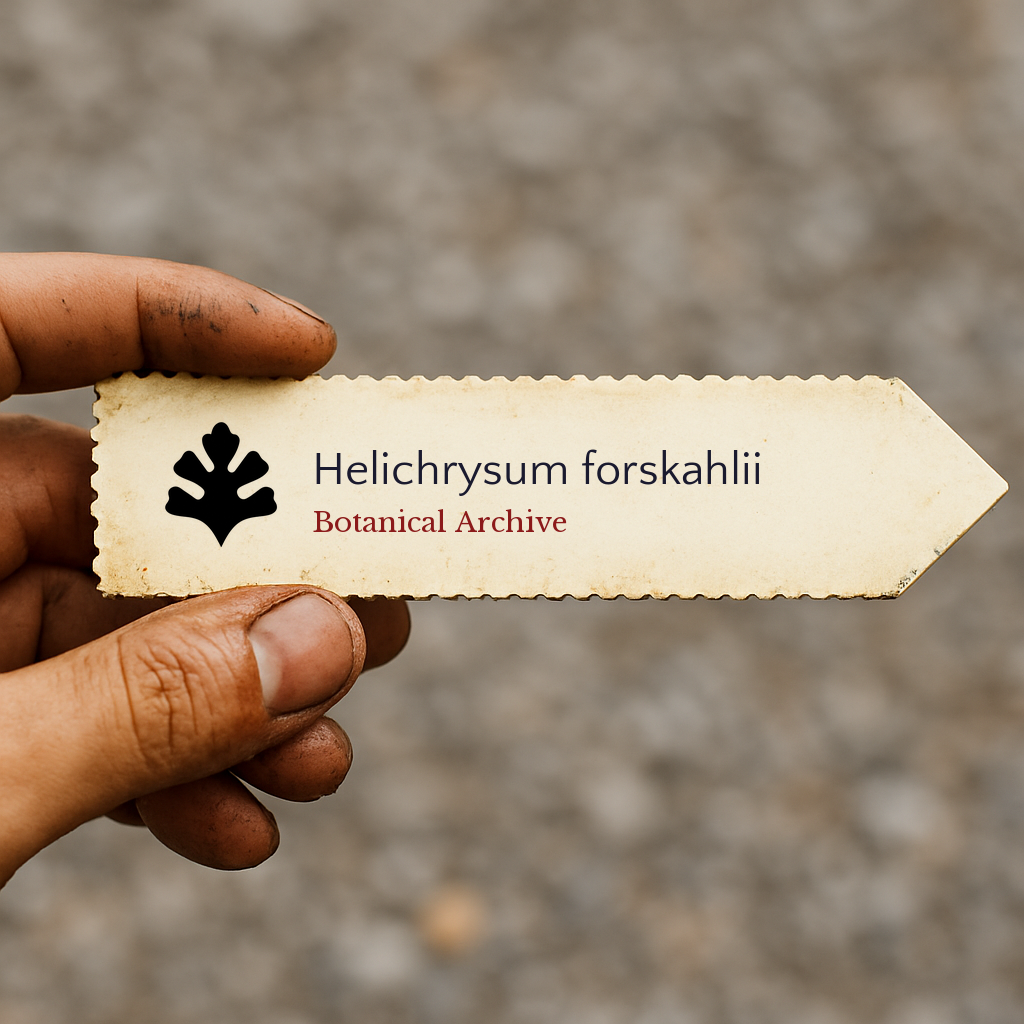 Printed plant label for Helichrysum forskahlii with botanical archive logo held by hand