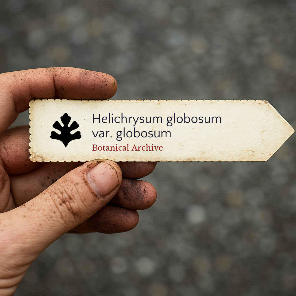 Printed plant label for Helichrysum globosum var. globosum held by dirty hand outdoors