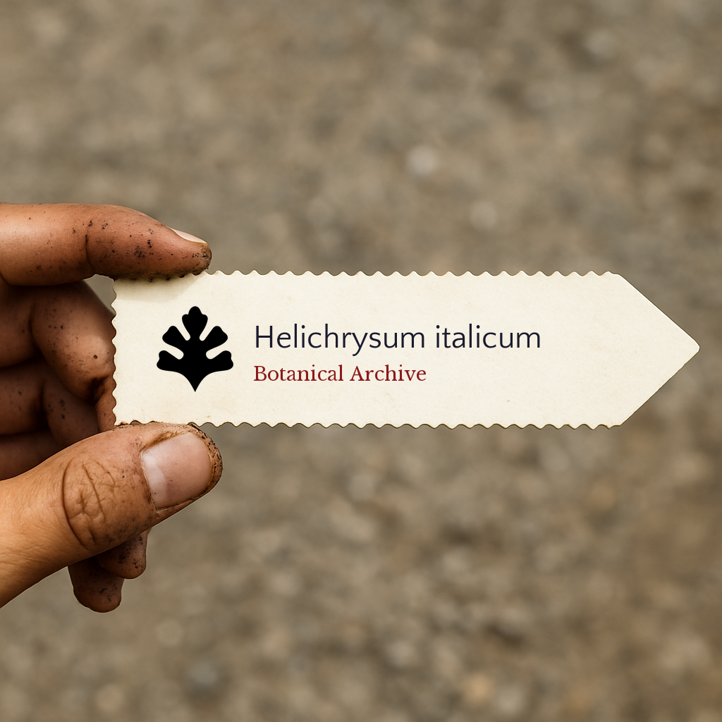 Printed plant label for Helichrysum italicum held by dirty hand outdoors