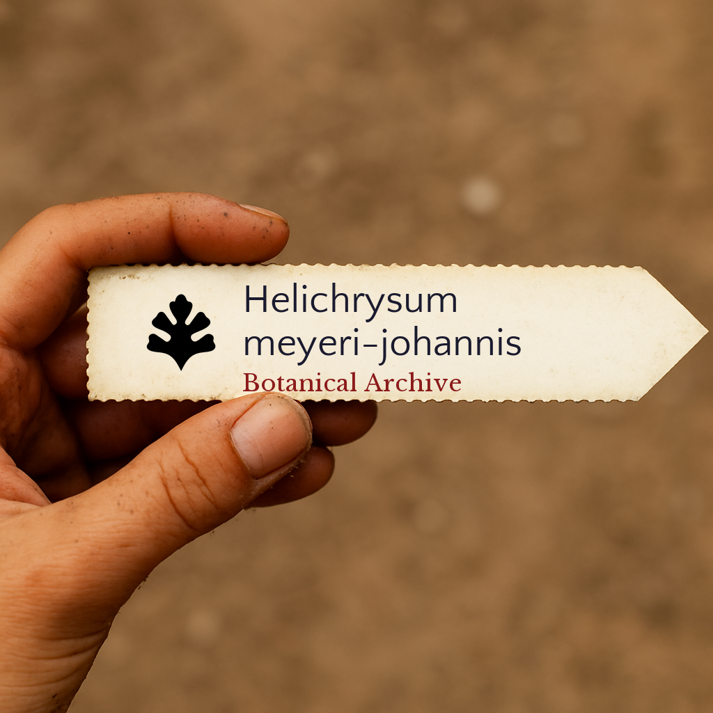Printed plant label for Helichrysum meyeri-johannis held by hand against soil background