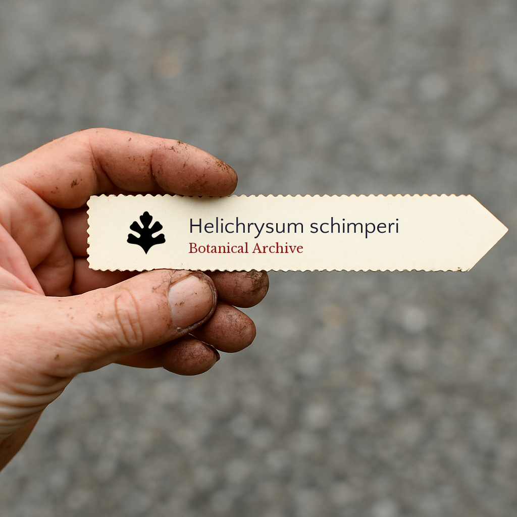 Printed plant label for Helichrysum schimperi held by a dirt-stained hand outdoors