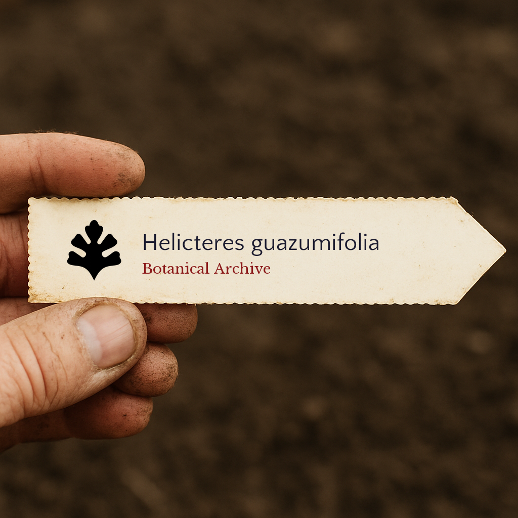 Printed plant label for Helicteres guazumifolia held over soil background