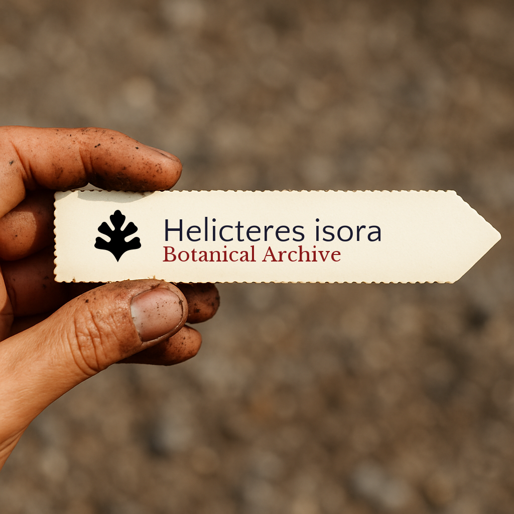 Printed plant label for Helicteres isora held by dirty hand against soil background