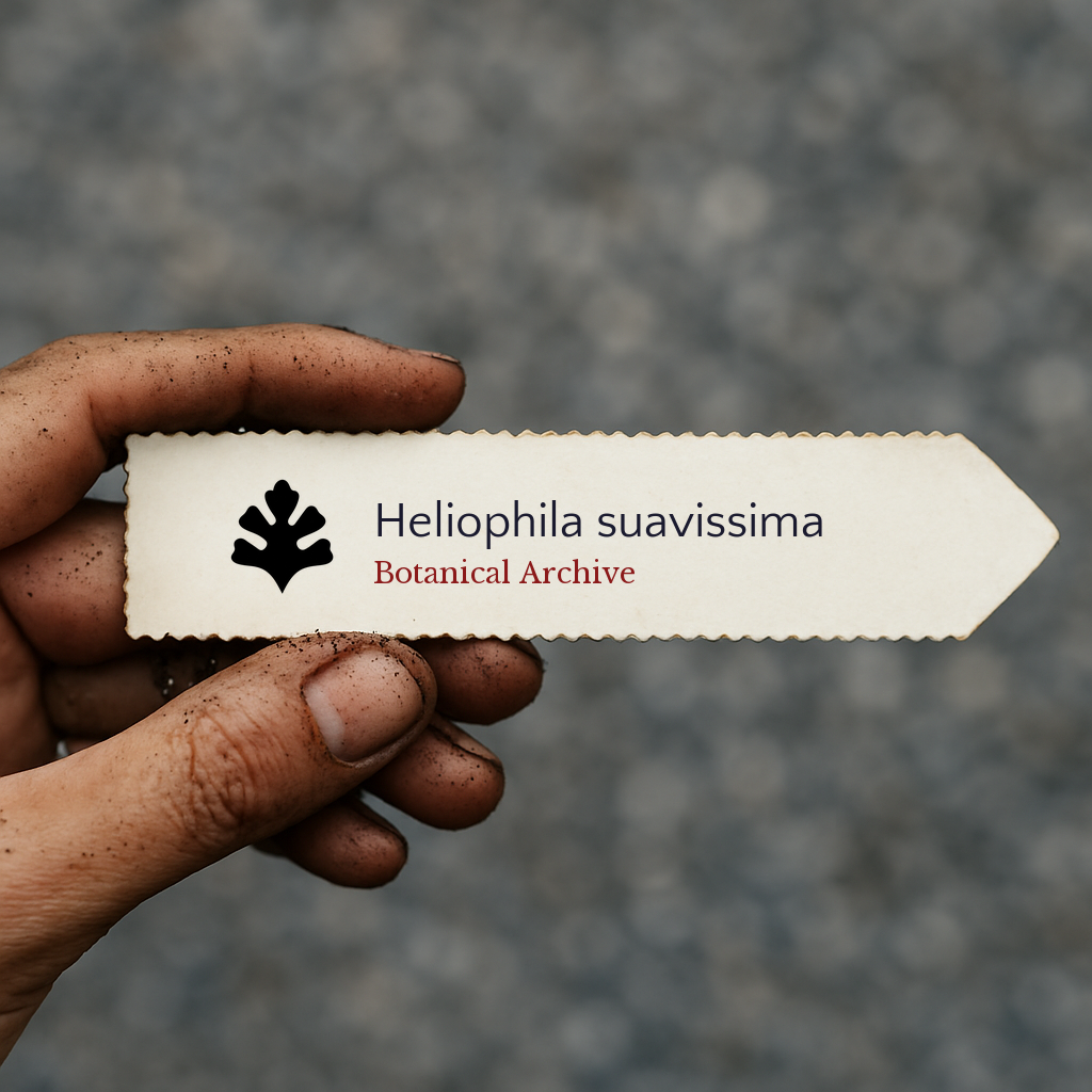 Printed plant label for Heliophila suavissima held by dirty hand outdoors