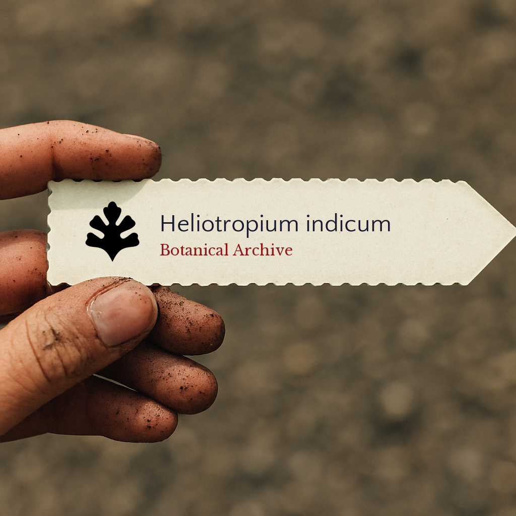 Printed plant label for Heliotropium indicum held by dirty hand outdoors