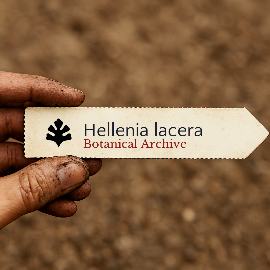 Printed plant label for Hellenia lacera with botanical archive logo held by dirty hand