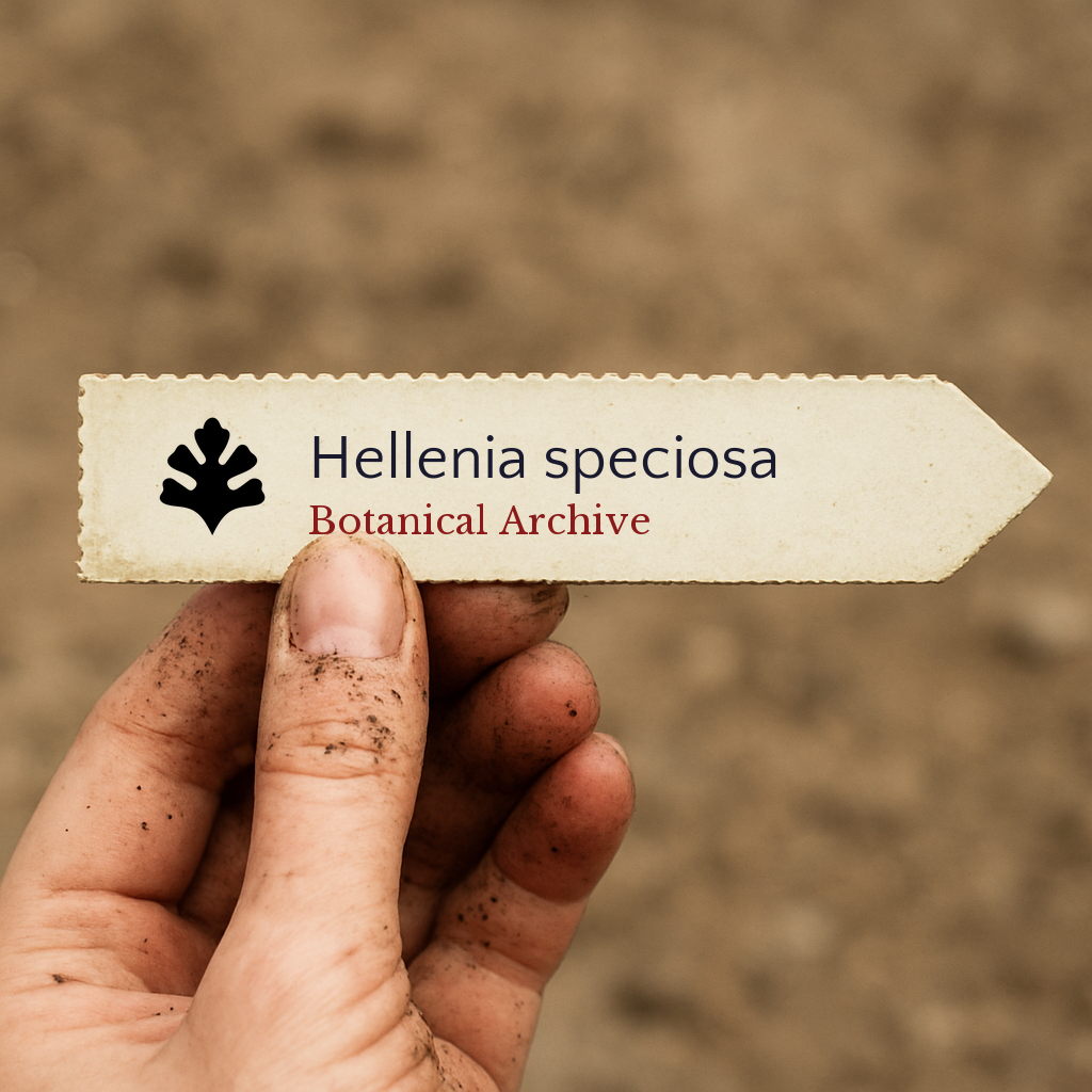 Printed plant label for Hellenia speciosa with botanical archive logo held by hand