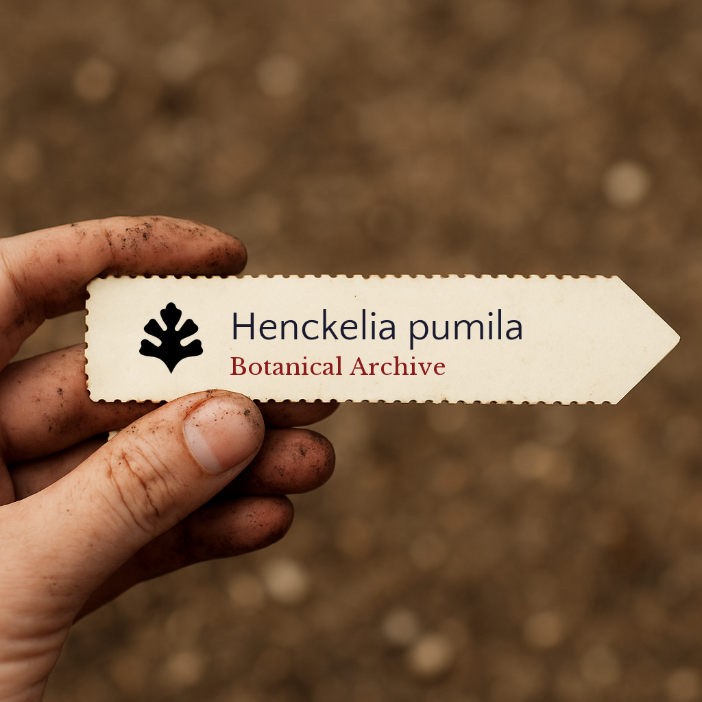Printed plant label for Henckelia pumila held by dirty hand over soil background