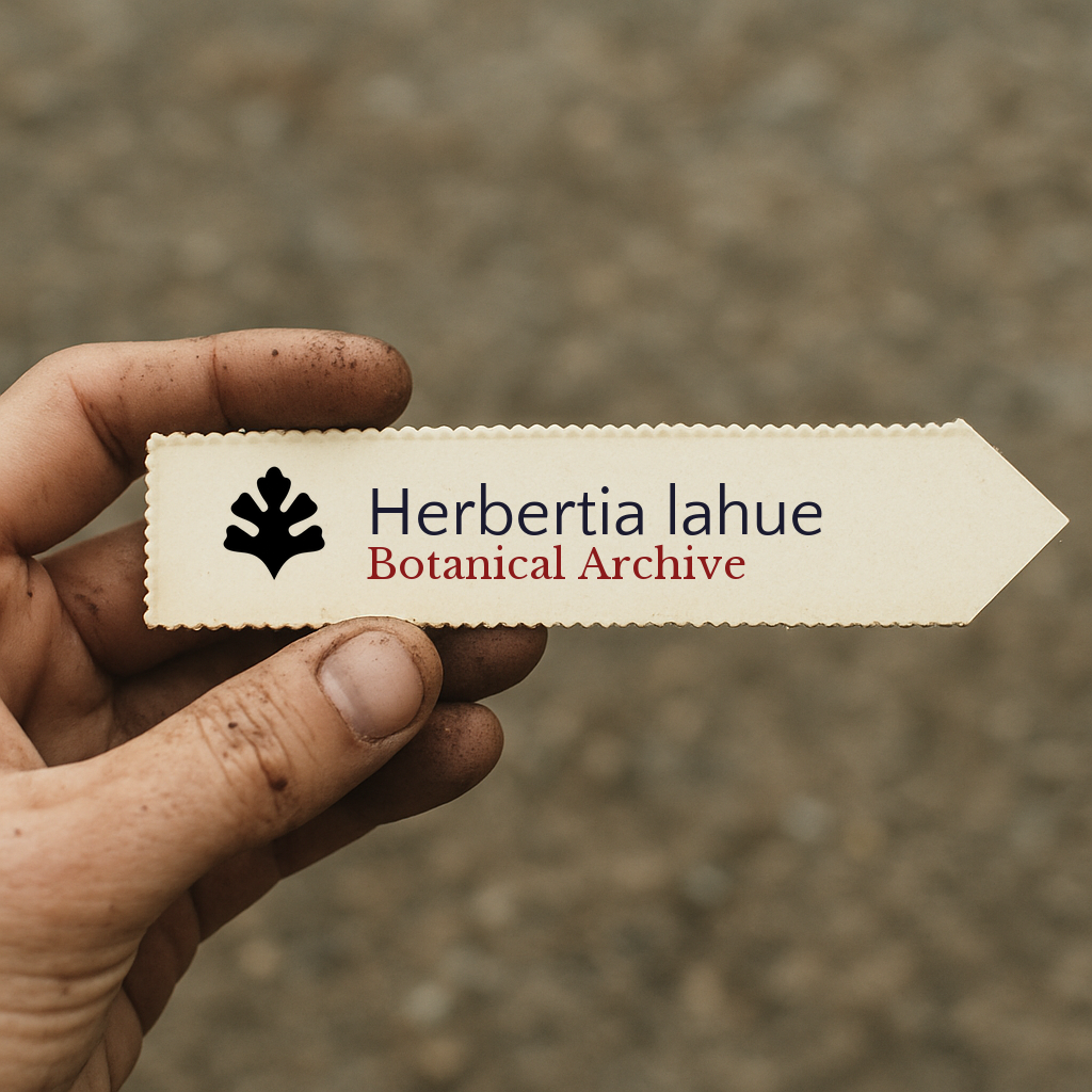 Printed plant label for Herbertia lahue Botanical Archive held in hand with dirt on fingers