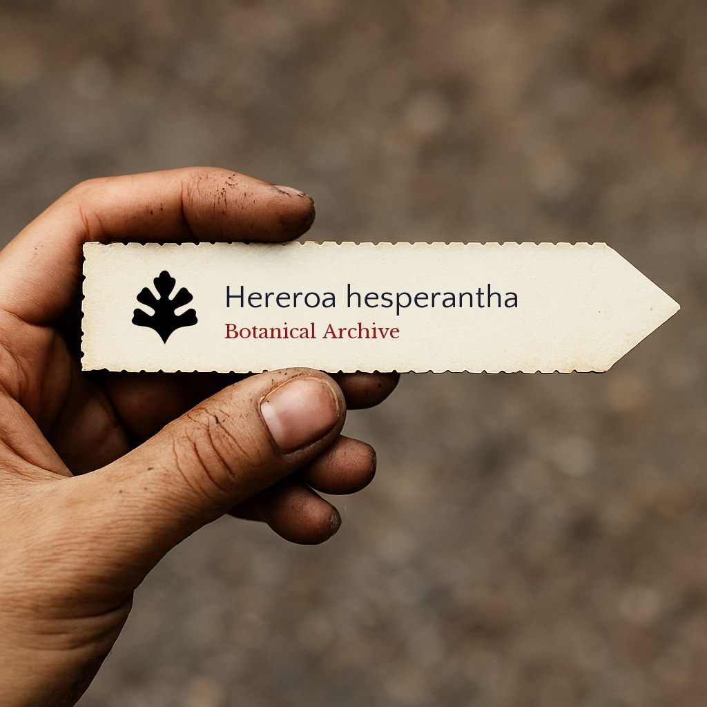 Printed plant label for Hereroa hesperantha held by hand with dirt background