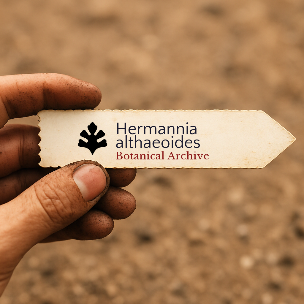 Printed plant label for Hermannia althaeoides held by dirty hand over soil background