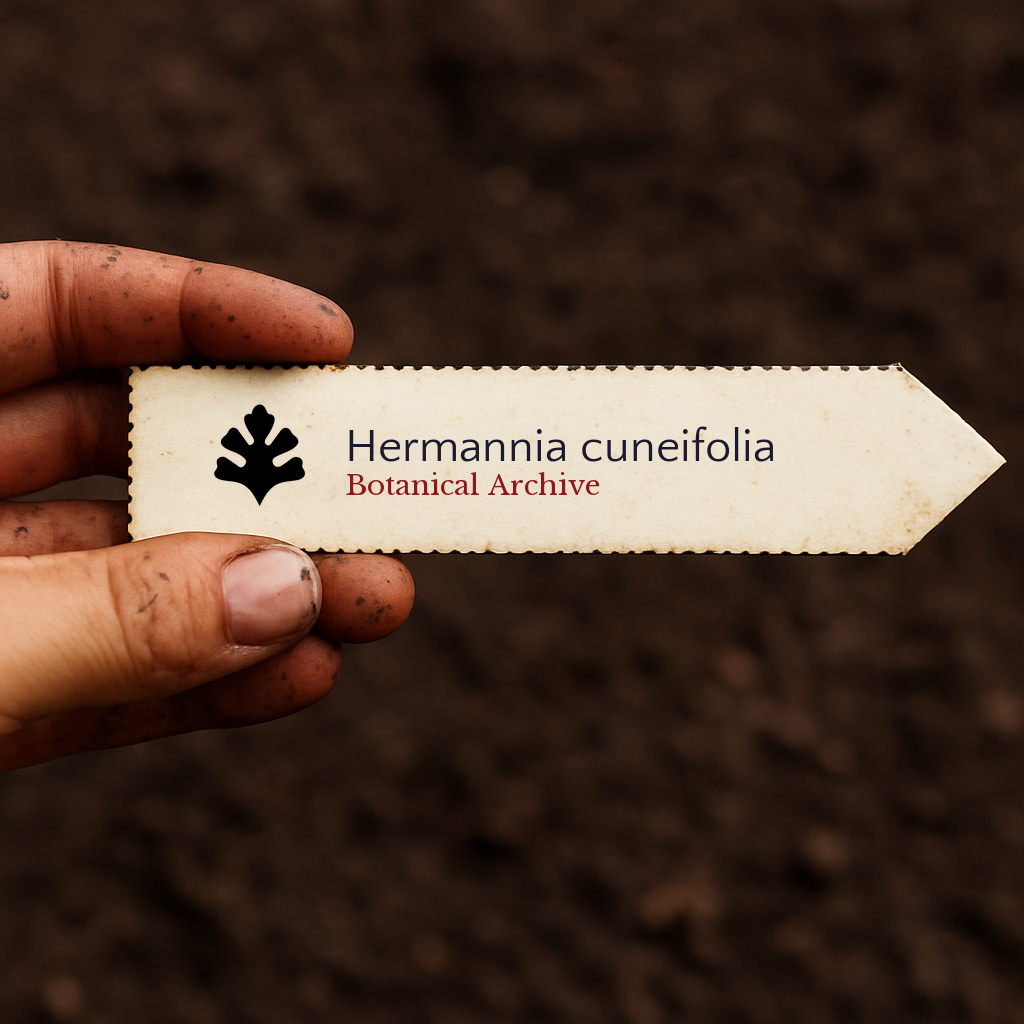 Printed plant label for Hermannia cuneifolia held over soil background