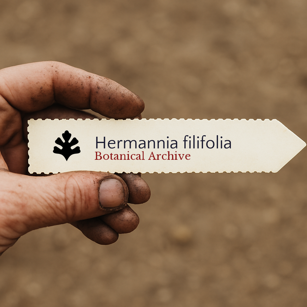 Plant label for Hermannia filifolia with botanical archive logo held by dirty hand