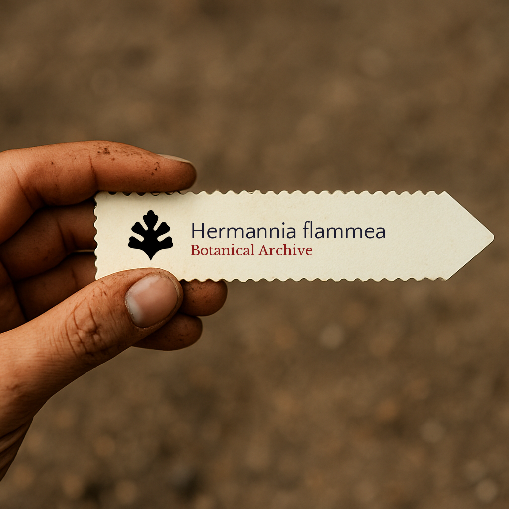 Printed plant label for Hermannia flammea with botanical archive logo in hand