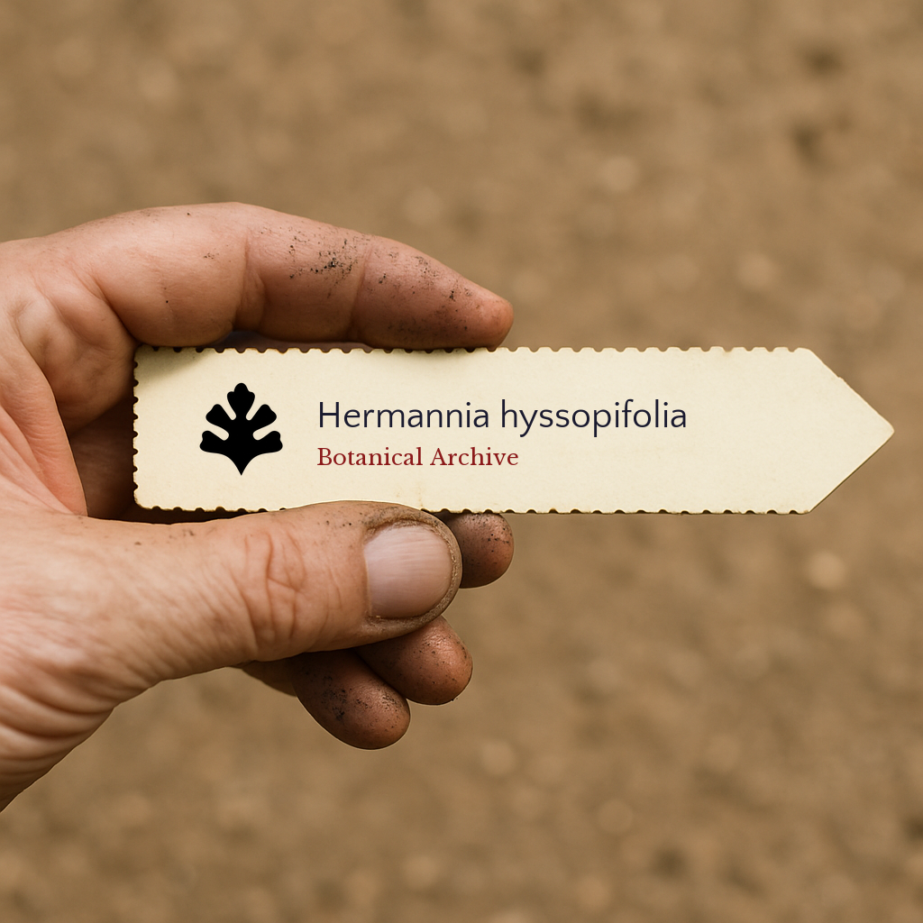 Printed plant label for Hermannia hyssopifolia held by a gardener with soil-stained hands
