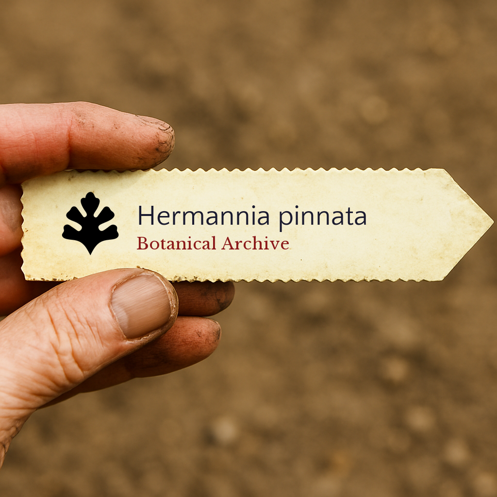Printed plant label for Hermannia pinnata held by dirty hand over soil background