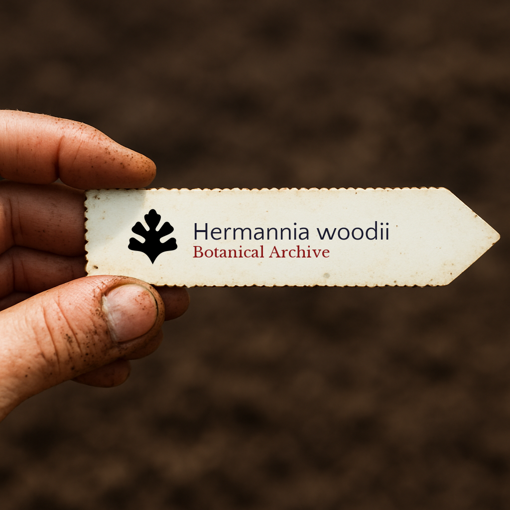 Printed plant label for Hermannia woodii with botanical archive logo held in hand