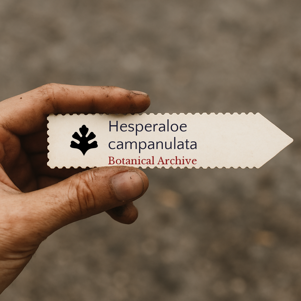 Printed plant label for Hesperaloe campanulata with botanical archive logo held by hand