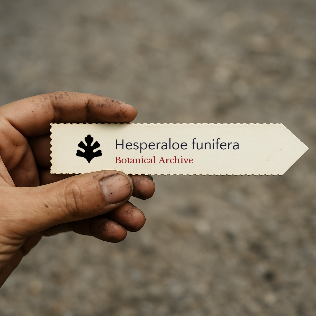 Printed plant label for Hesperaloe funifera held by hand with soil-stained fingers