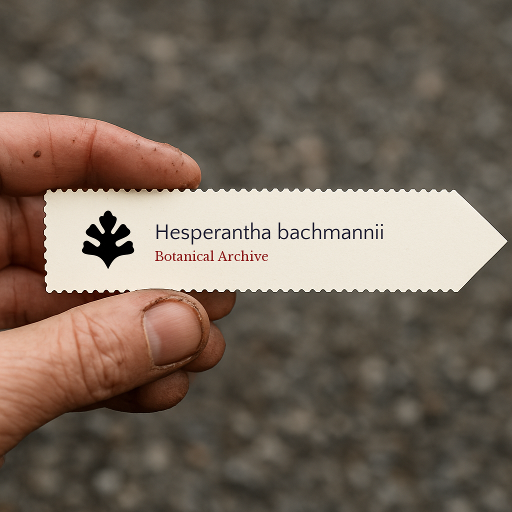 Printed plant label for Hesperantha bachmannii held by hand with dirt on fingers