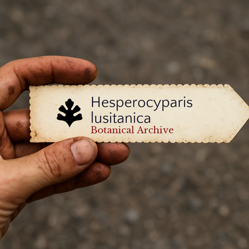 Vintage botanical archive label for Hesperocyparis lusitanica held by hand