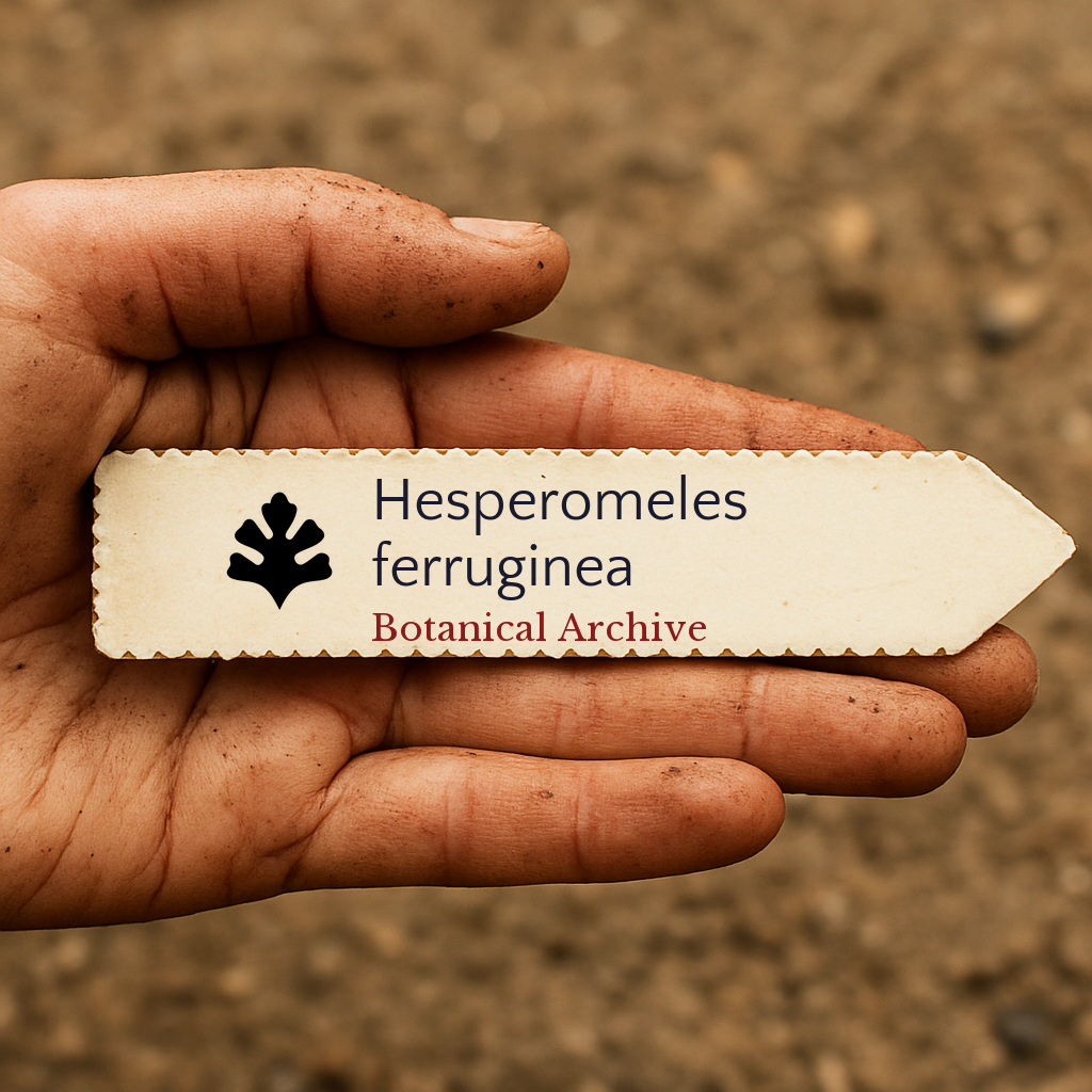 Printed plant label for Hesperomeles ferruginea held in dirty hand over soil background