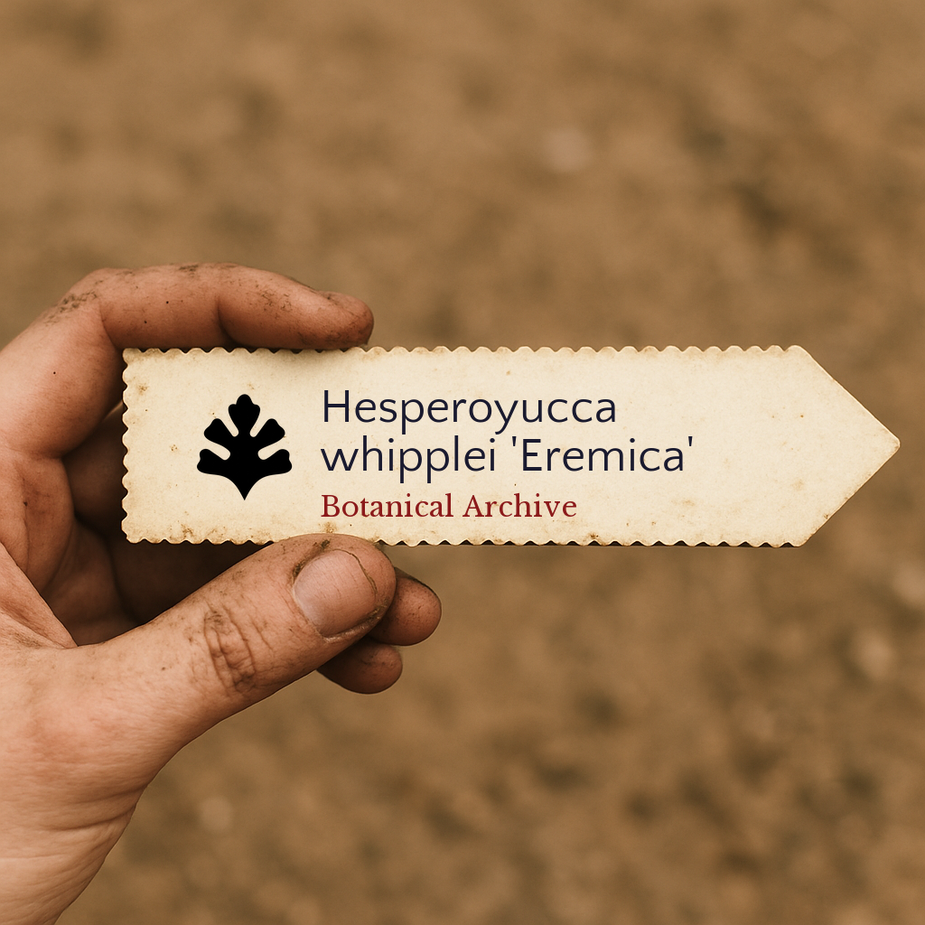 Printed plant label for Hesperoyucca whipplei 'Eremica' held by hand in soil background