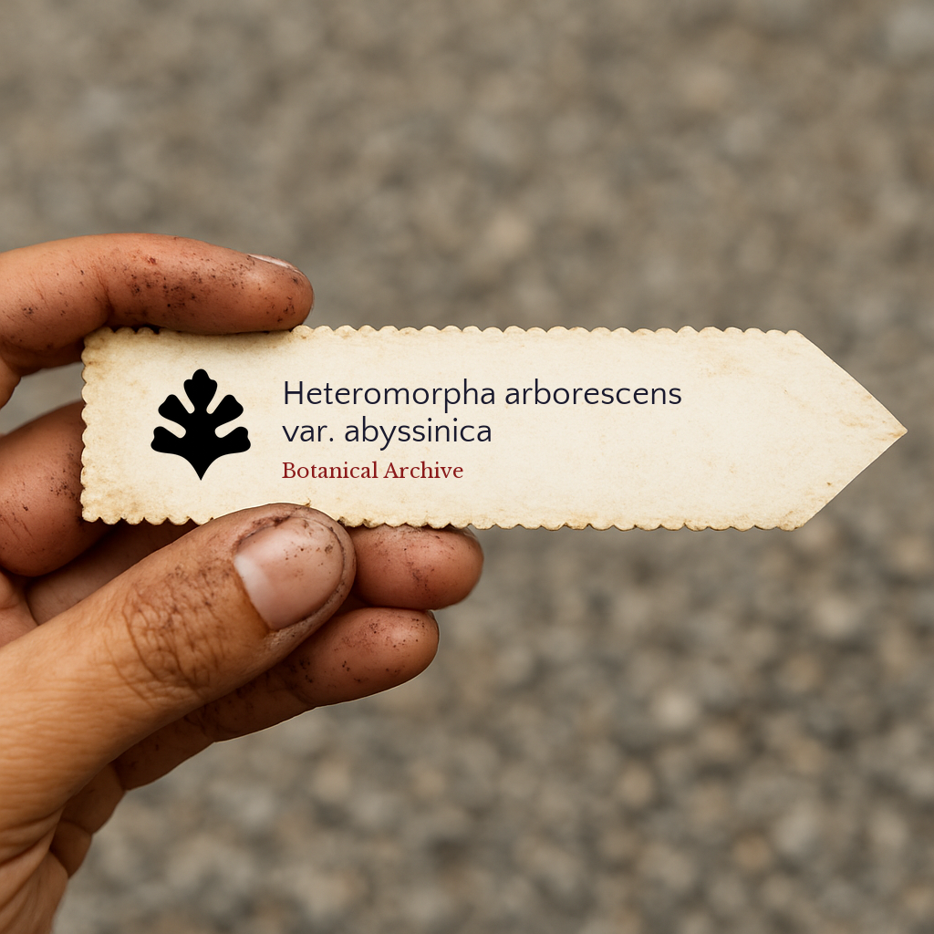 Printed plant label for Heteromorpha arborescens var. abyssinica held by hand with soil-stained fingers