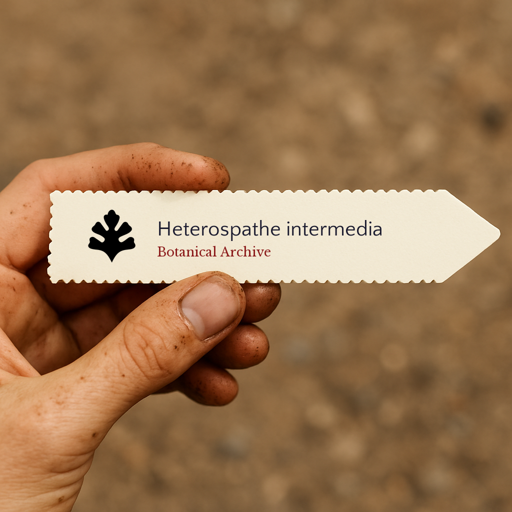 Printed plant label for Heterospathe intermedia with botanical archive logo in hand