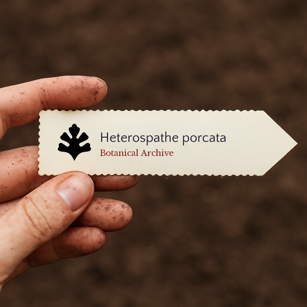 Printed plant label for Heterospathe porcata held by dirty hand over soil background