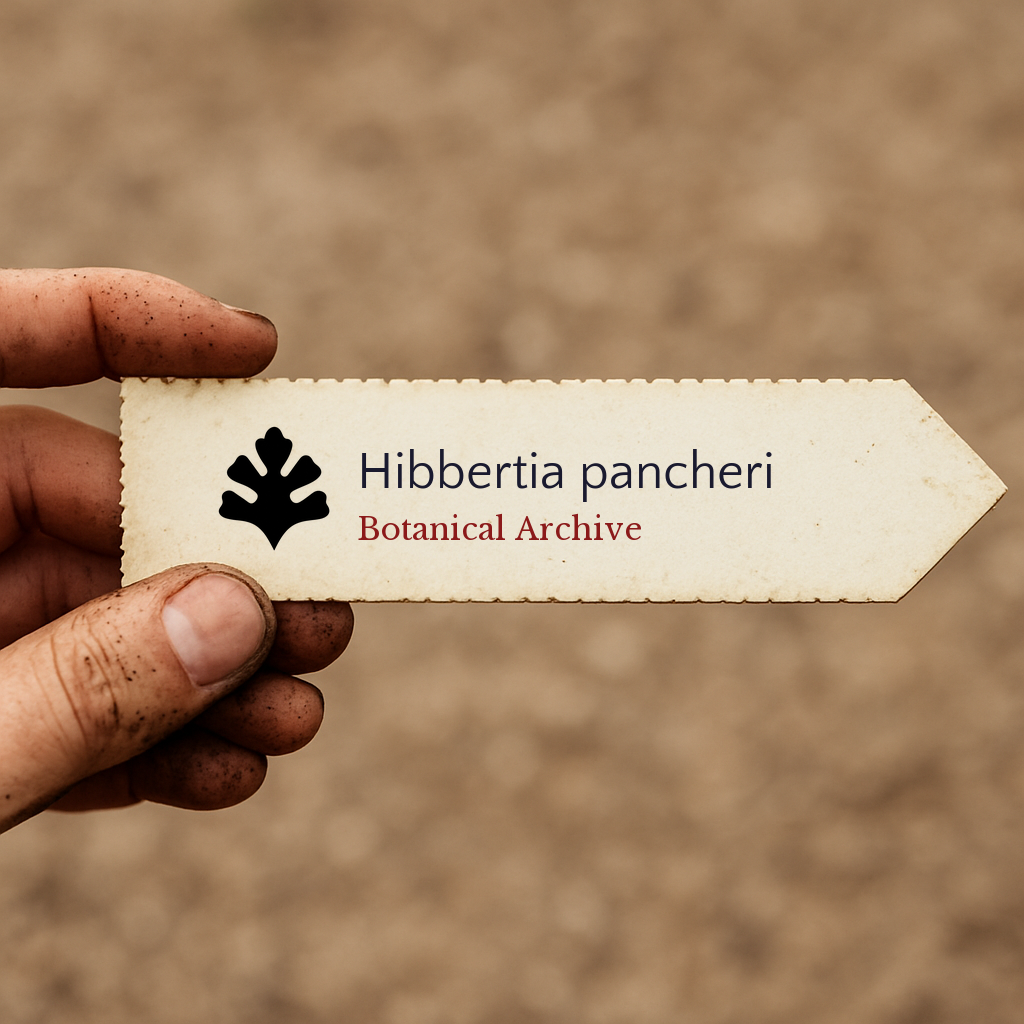 Handheld vintage botanical archive label for Hibbertia pancheri with leaf icon