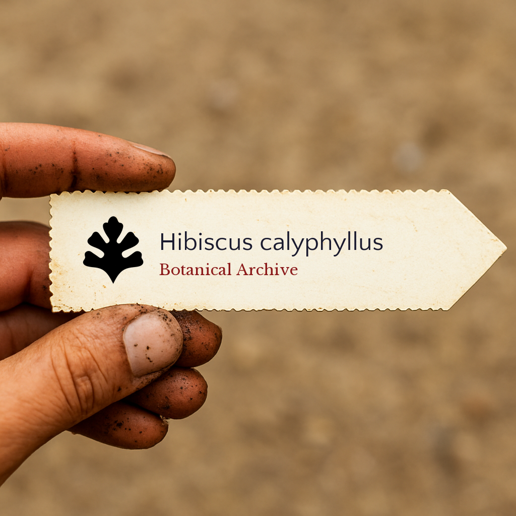 Printed plant label for Hibiscus calyphyllus held by dirty hand on blurred background