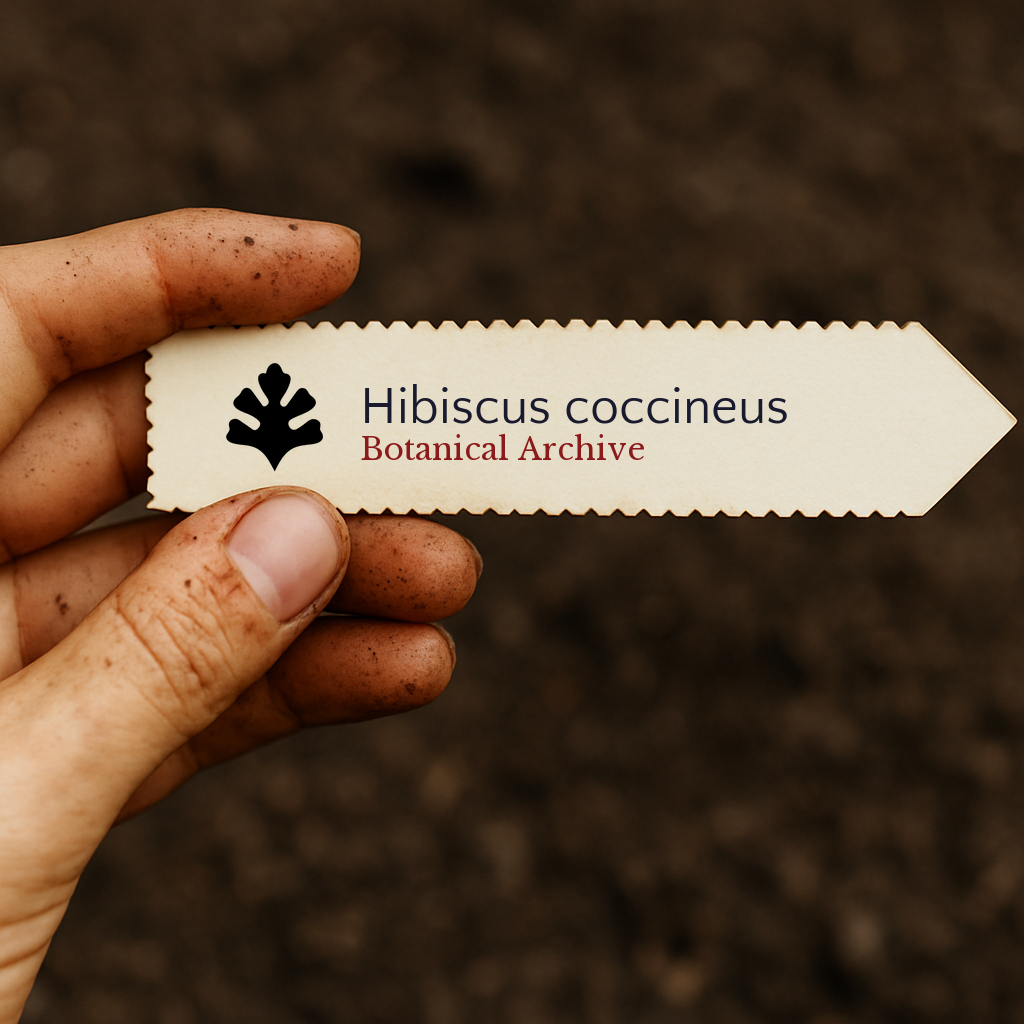 Printed plant label for Hibiscus coccineus held by dirty hand over soil background